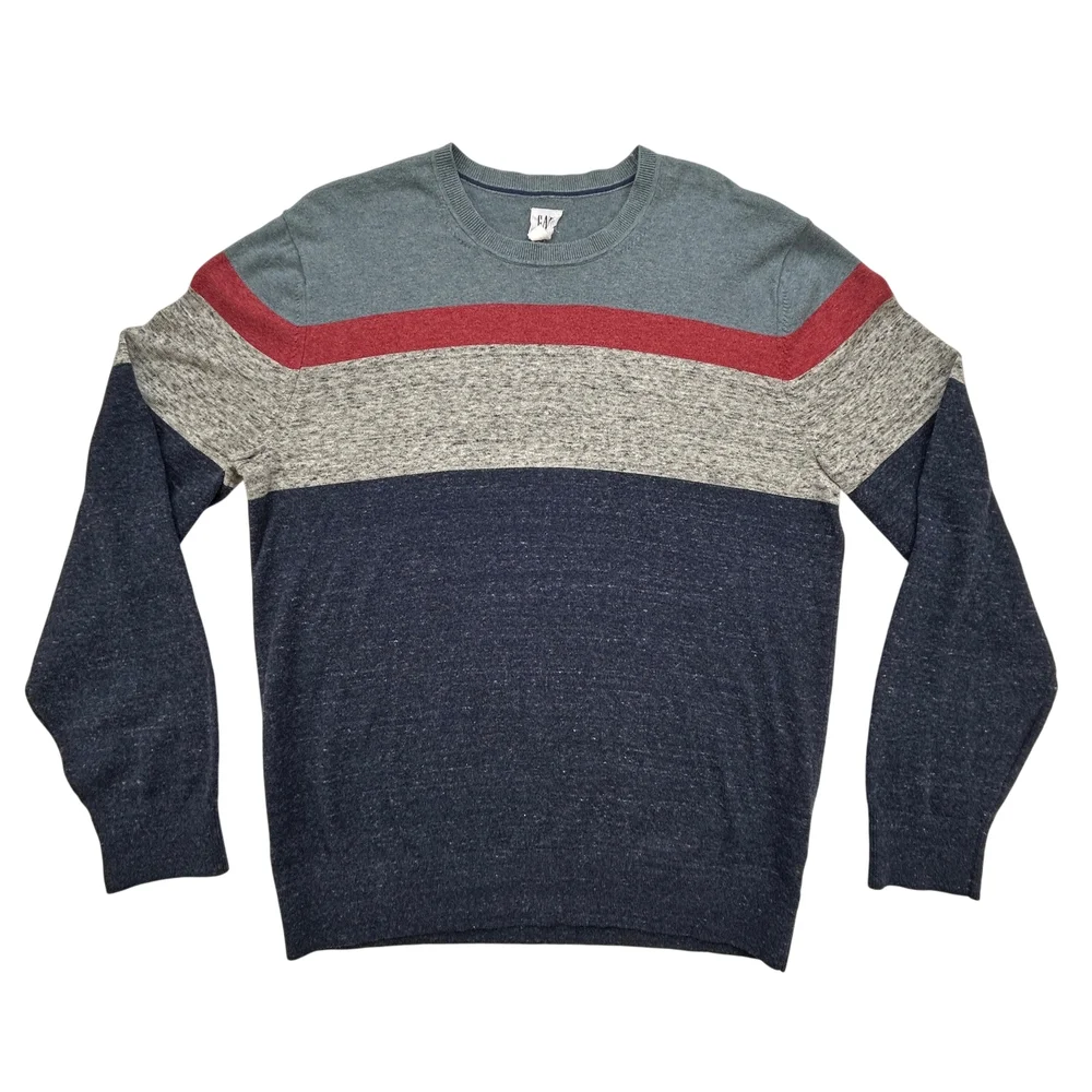 GAP Sweater Mens Large Colorblock Crewneck Blue Gray Red Casual Pullover